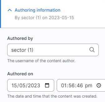 Screenshot of authoring information in node settings