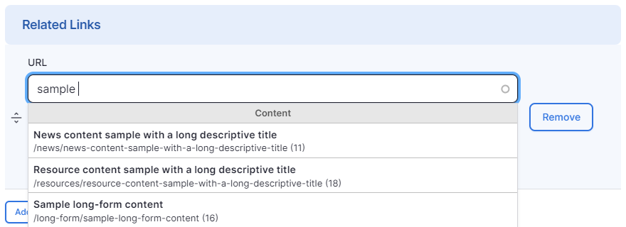 Screenshot of using autocomplete to add related link
