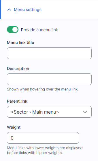 Screenshot of menu settings for a page